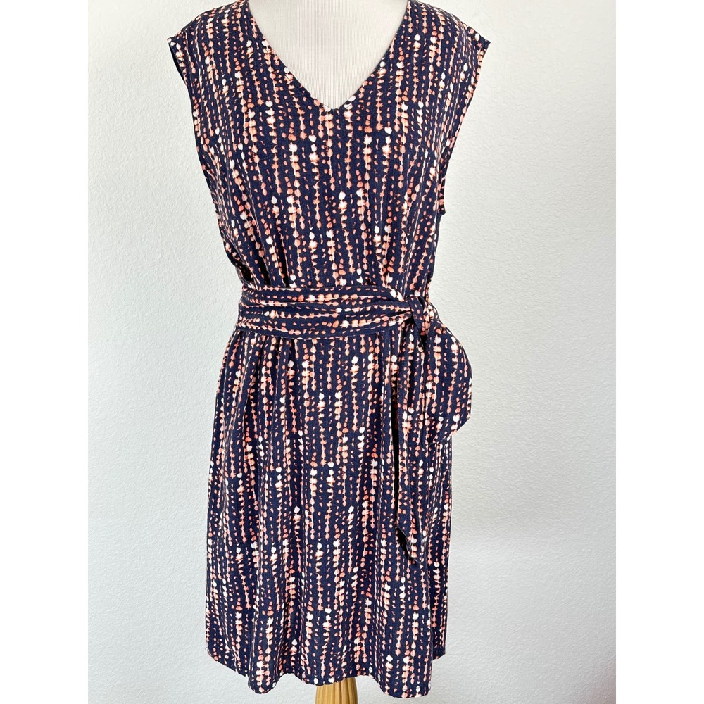 H Halston Linen Blend Mini Dress Tie Waist Abstract Print Sleeveless M
